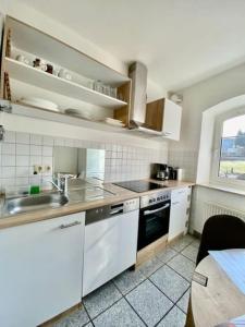 a kitchen with white cabinets and a sink and a window at Wanderurlaub mit Hund in Harra
