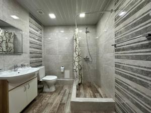 un bagno con wc, lavandino e doccia di Gandzak Hotel a Vanadzor