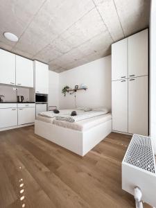 1 dormitorio blanco con 1 cama grande y armarios blancos en Celestial Apartments Brno, en Brno