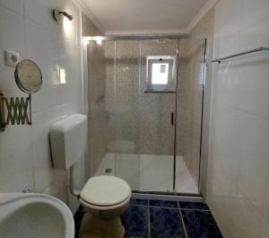 Un baño con ducha, inodoro y lavabo. en Casa da Quiana, en Digueifel 49 fotos más