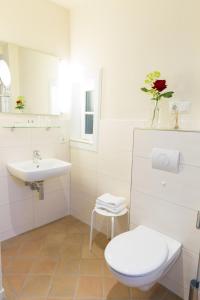 a white bathroom with a toilet and a sink at Pörtnerhof Seßlach in Seßlach
