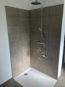 a shower with a shower head in a bathroom at Les écolodges Sous Le Phare in Louannec +93 photos