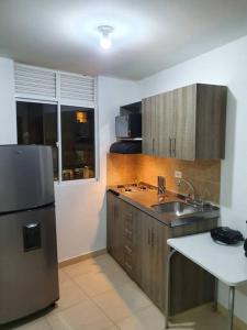 eine Küche mit einer Spüle und einem Kühlschrank in der Unterkunft MALAGA in Sabaneta