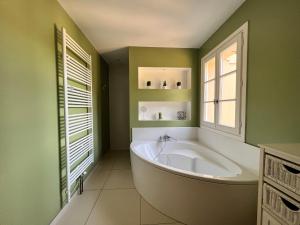 ein grünes Bad mit einer Badewanne und einem Fenster in der Unterkunft Bergerie de l'Horte in Tourouzelle