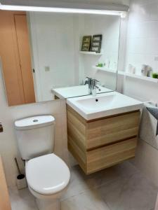 een badkamer met een toilet, een wastafel en een spiegel bij APARTAMENTO súper céntrico, con vistas a pistas y Wifi in Formigal