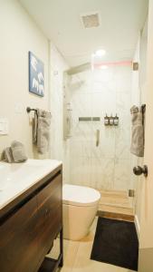 La salle de bains est pourvue de toilettes et d'une douche en verre. dans l'établissement Gorgeous Apartment close to Brickell wFree Parking, à Miami
