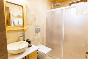 La salle de bains est pourvue d'un lavabo et d'une douche. dans l'établissement Cappalace Stone House, à Ürgüp