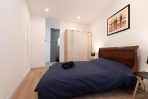 - une chambre avec un lit et une couverture bleue dans l'établissement Le Hall-in-one 002 - Spacieux- Tout équipé - Proche commodités et Espace Aréna, à Saint-Chamond