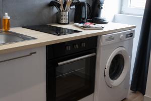 cocina con lavadora y fregadero en Le vintage 201 - Stationnement gratuit - Cosy et proche commodités, en Saint-Chamond