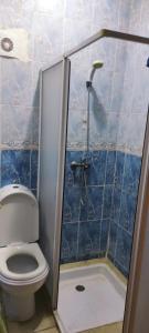 y baño de azulejos azules con aseo y ducha. en Guliez Appartement de luxe calme, en Marrakech