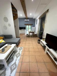 a living room with a couch and a tv at Superbe appartement cosy avec jardin in Nîmes