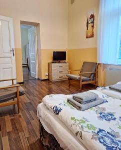 een slaapkamer met een bed, een stoel en een televisie bij Apartmán Nad hradem in Týnec nad Sázavou