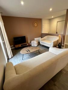 Una sala de estar con un sofá y un televisor. en Scorfel Lodge, Iconic, Spa, sauna & terrasse, en Trégastel