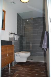 a bathroom with a toilet and a glass shower at Hotel Restaurant de Engel in Lisse