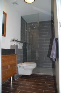 een badkamer met een toilet en een glazen douche bij Hotel Restaurant de Engel in Lisse