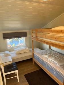 two bunk beds in a small room with a window at Apartment with amazing views - free parking in Arendal