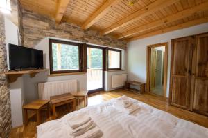 a bedroom with a bed and a tv and windows at Complex Sofia&Veruța in Baia-Sprie