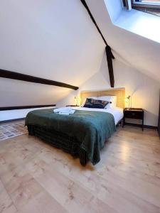 een slaapkamer met een groot bed op zolder bij AlloLola • Cœur de ville • Authentique & Chill in Châteauroux