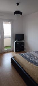 a bedroom with a bed and a flat screen tv at Chambre privé avec loggia chez l'habitant in Champigneulles