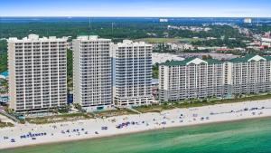 an aerial view of a beach with tall buildings at Twin Palms Beach Resort by Panhandle Getaways in Panama City Beach