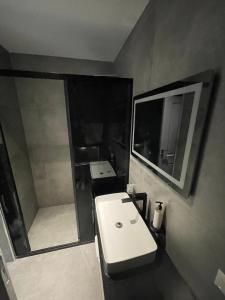 a bathroom with a white sink and a mirror at SACA HOTEL in Shëngjin