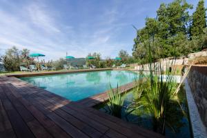 una gran piscina con terraza de madera y sombrilla en Agriturismo Villa Sardini, en Lucca