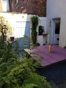 una mesa de picnic púrpura en un jardín con plantas en No 3 Lingdale - 4 bedroom house close to N Yorks Moors, en Boosbeck