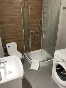 a bathroom with a shower and a toilet and a sink at Apartament Łodzianina in Łódź