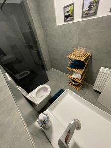 a bathroom with a sink and a toilet at Europa Apartments nähe Düsseldorf Messe, Airport in Krefeld