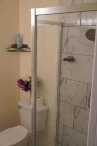 uma casa de banho com um WC e uma cabina de duche em vidro. em Be Our Guest-Shared Home DR em Palmdale