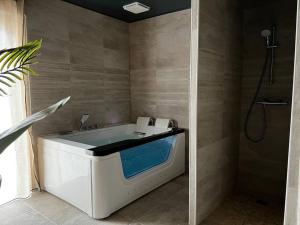 a bathroom with a bath tub and a shower at Iconic, Spa, sauna & terrasse in Trégastel