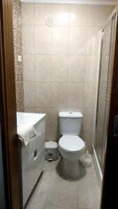 uma casa de banho com um WC, um lavatório e um chuveiro em Casa das Matriarcas - Casa da Avó Elisinha em Belmonte