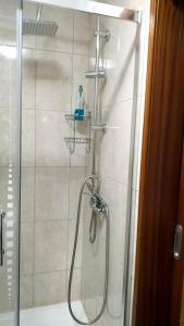 y baño con ducha y puerta de cristal. en Casa das Matriarcas - Casa da Avó Elisinha, en Belmonte