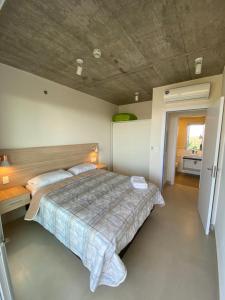 亞松森的住宿－Edificio 01 Mburucuya，一间卧室配有一张大床和木制床头板