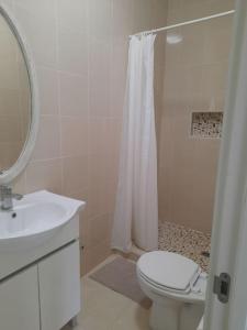 La salle de bains est pourvue de toilettes, d'un lavabo et d'une douche. dans l'établissement Tropicana Guesthouse, à Ponta do Ouro