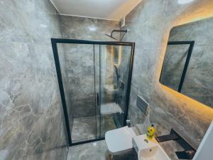 a bathroom with a shower and a toilet and a sink at Central, Spacious with Balcony & Elevator Flat in Beşiktaş in Istanbul
