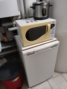 a microwave oven sitting on top of a refrigerator at Studio with private bathroom in Geneva