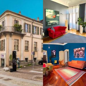 two pictures of a living room with a red couch at Casa Piolti Rivoli in Rivoli