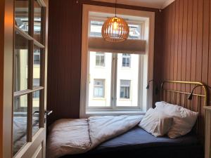 um quarto com uma cama em frente a uma janela em Botanical garden apartments em Oslo