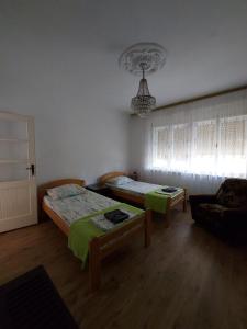 - une chambre avec deux lits, un canapé et un lustre dans l'établissement Vila Elena, à Kikinda