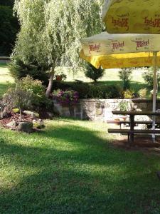 a picnic table and a yellow umbrella in the grass at Pension U Štěpánků in Trpišovice