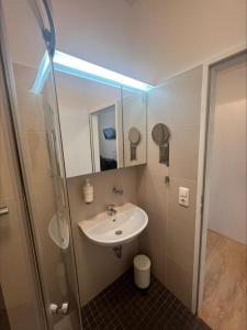 ein Bad mit einem Waschbecken und einer Dusche mit einem Spiegel in der Unterkunft CASILINO Hotel A 20 Wismar in Wismar