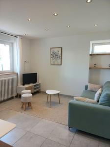 a living room with a blue couch and a tv at Appartement Les Géraniums in Remiremont