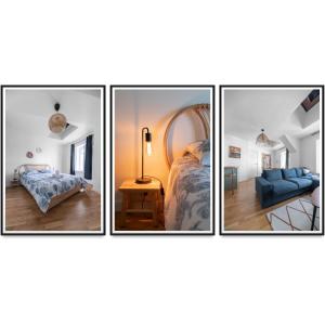 trois photos d'une chambre et d'un salon dans l'établissement Le Wilson - Appartement design - Hyper centre, à Vichy