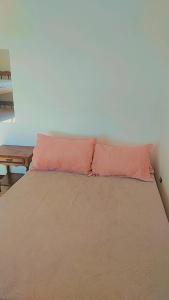 a bed with two pink pillows on top of it at Pousada Litoral Norte Caragua in Caraguatatuba