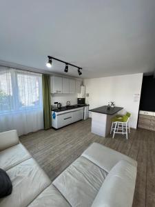 a living room with a couch and a kitchen at Bruno Apartments in Cluj-Napoca
