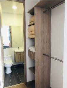 La salle de bains est pourvue de toilettes, d'un lavabo et d'un miroir. dans l'établissement Apartamentos San Jose vistal al lago, cerca del parque. Guatape., à Guatapé