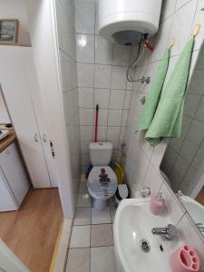een kleine badkamer met een wastafel en een toilet bij Una in Umag