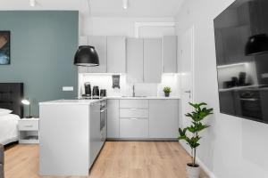 a white kitchen with white cabinets and a potted plant at Charming Studio in Reykajvik in Reykjavík