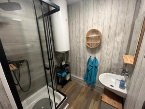 uma casa de banho com um chuveiro e um lavatório. em Horská chata Violeta em Jáchymov